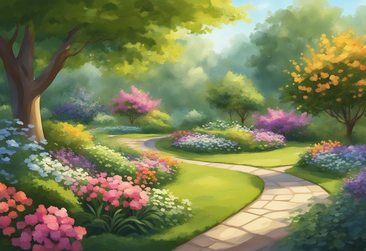 A serene garden with a winding path, surrounded by colorful flowers and lush greenery. A gentle breeze rustles the leaves as sunlight filters through the trees, creating a peaceful and calming atmosphere