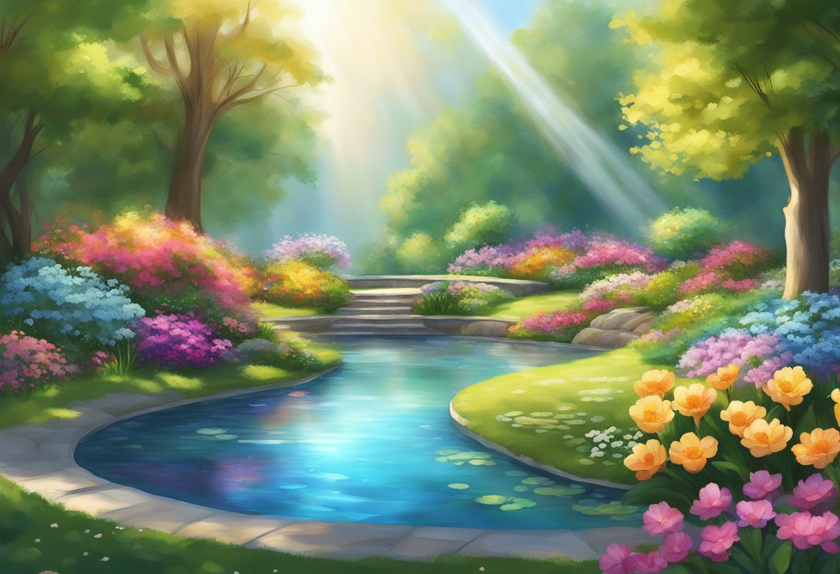 A serene garden with soft sunlight filtering through trees, surrounded by colorful flowers and flowing water, evoking a sense of peace and tranquility