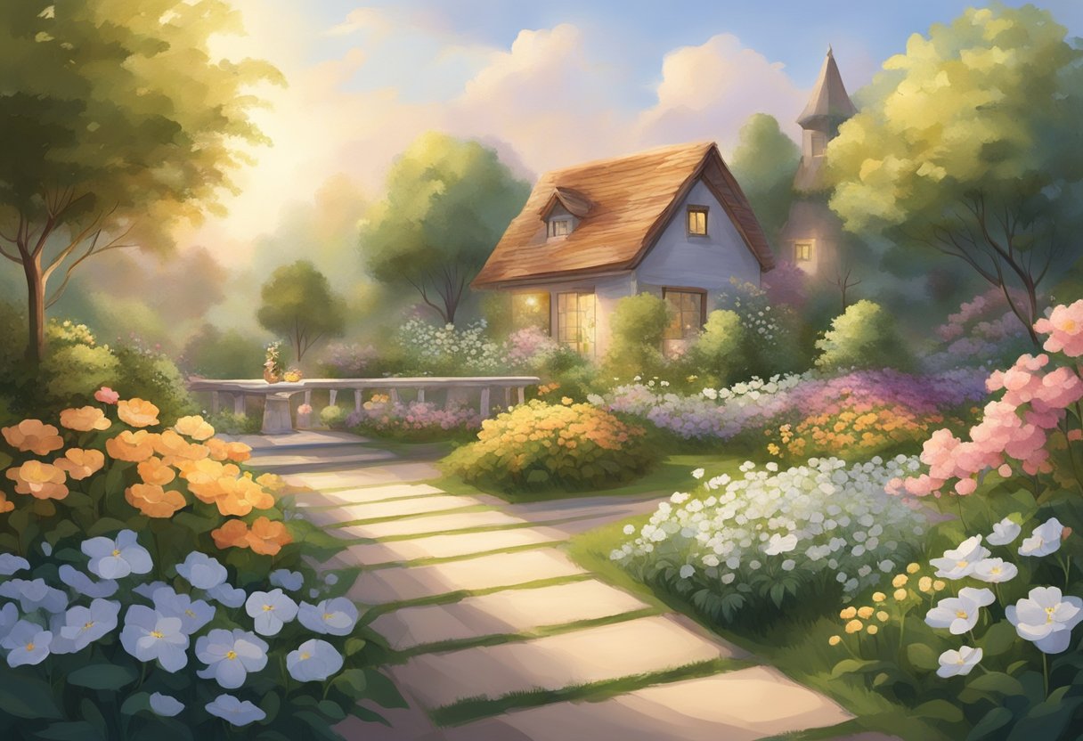 A serene garden with a peaceful atmosphere, featuring blooming flowers, a gentle breeze, and a warm, comforting light