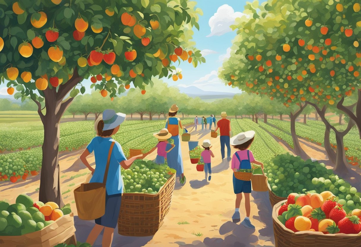 Lush orchards with rows of fruit trees, families picking strawberries and apples, baskets filled with ripe produce, a sunny day near Sydney