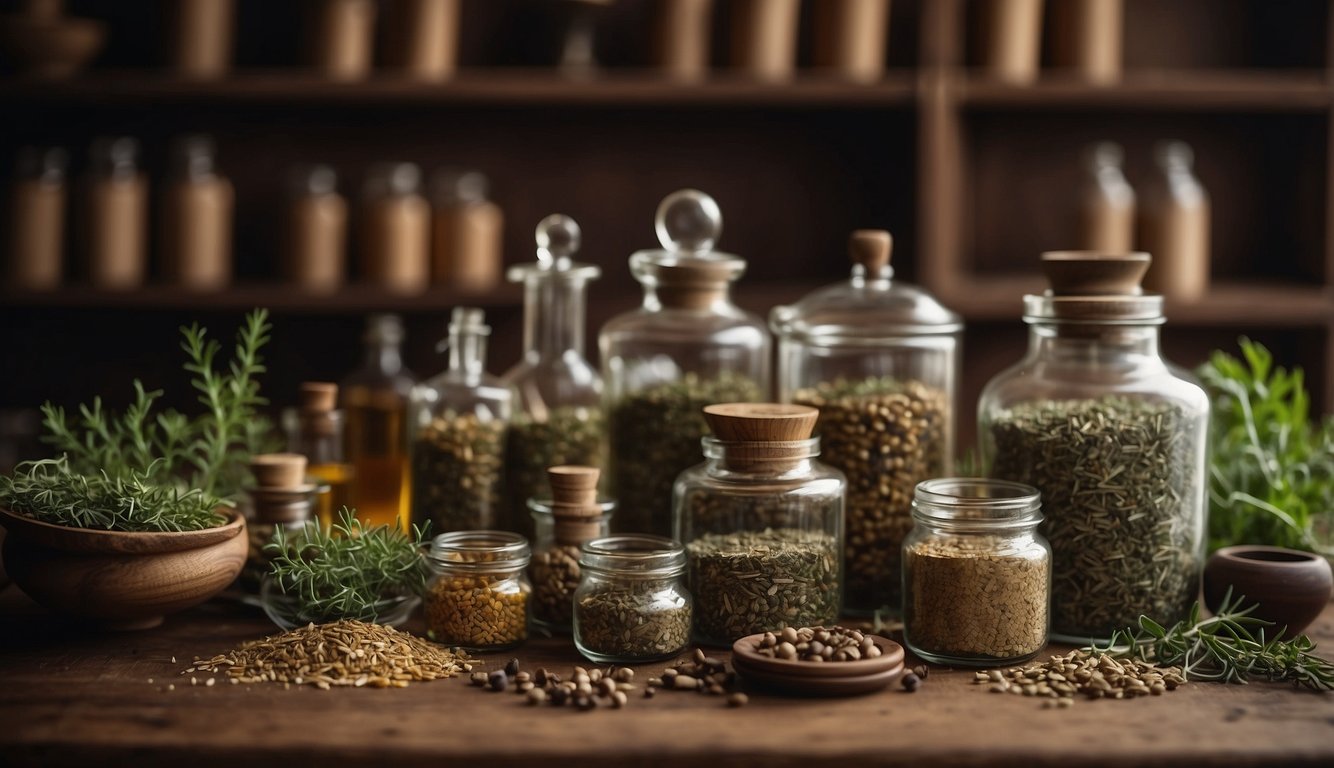 A table covered in dried herbs, mortar and pestle, and books on herbalism. Aromatic scents fill the air, and jars of tinctures line the shelves