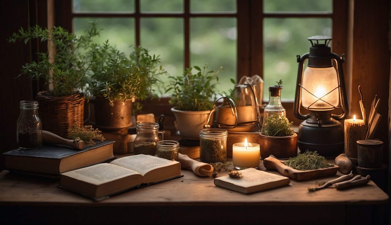 A table displays various herbalist tools and books. A soft glow from a nearby window highlights the items, creating an inviting and inspirational atmosphere