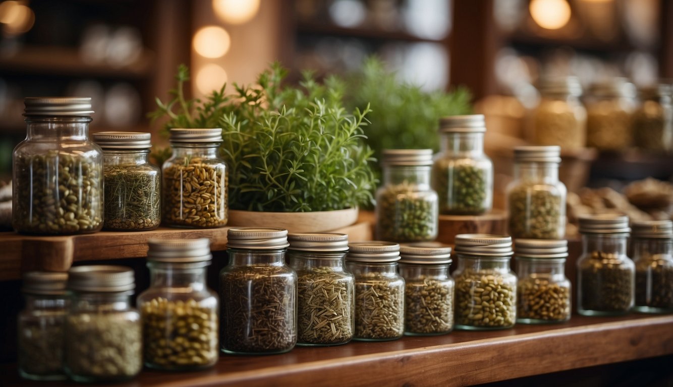 A table displays various herbal creations with colorful packaging. Customers browse and purchase herbalist gifts in a cozy, well-lit shop