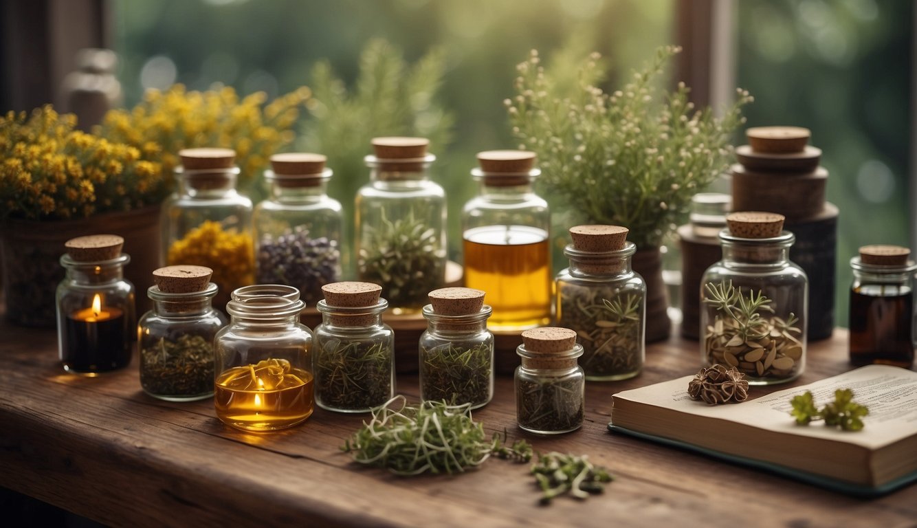 A table adorned with various herbalist gifts, including jars of dried herbs, essential oils, and books on natural remedies