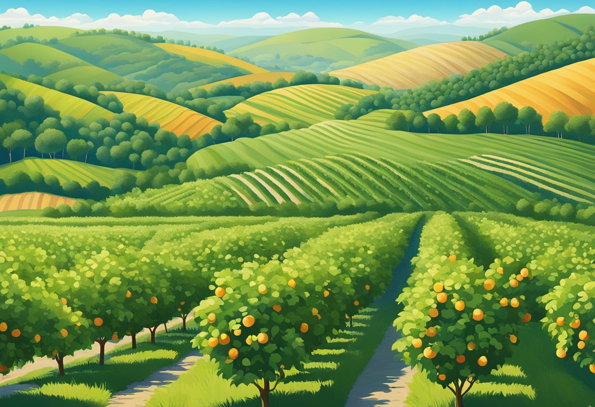Lush orchards with rows of ripe fruit trees, surrounded by rolling hills and clear blue skies