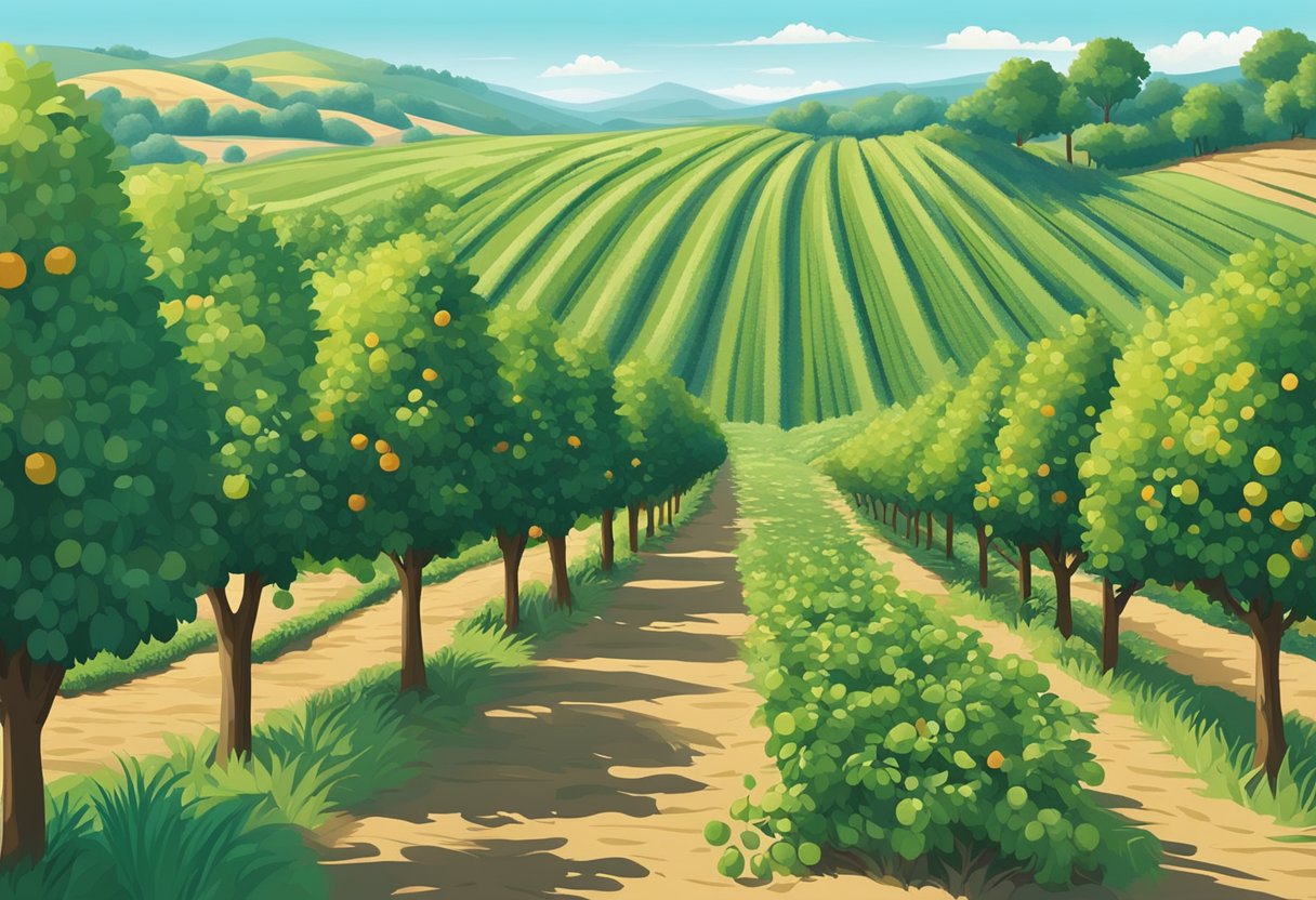 Lush fruit trees and bushes in rows, ripe for picking. Rolling green hills in the background, under a clear blue sky