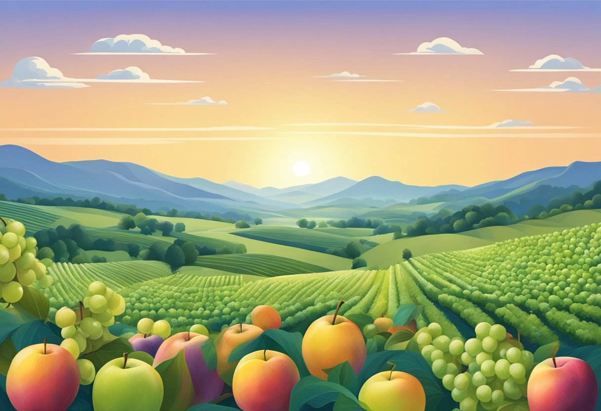 Lush orchards with rows of ripe fruits, surrounded by rolling hills and a clear blue sky