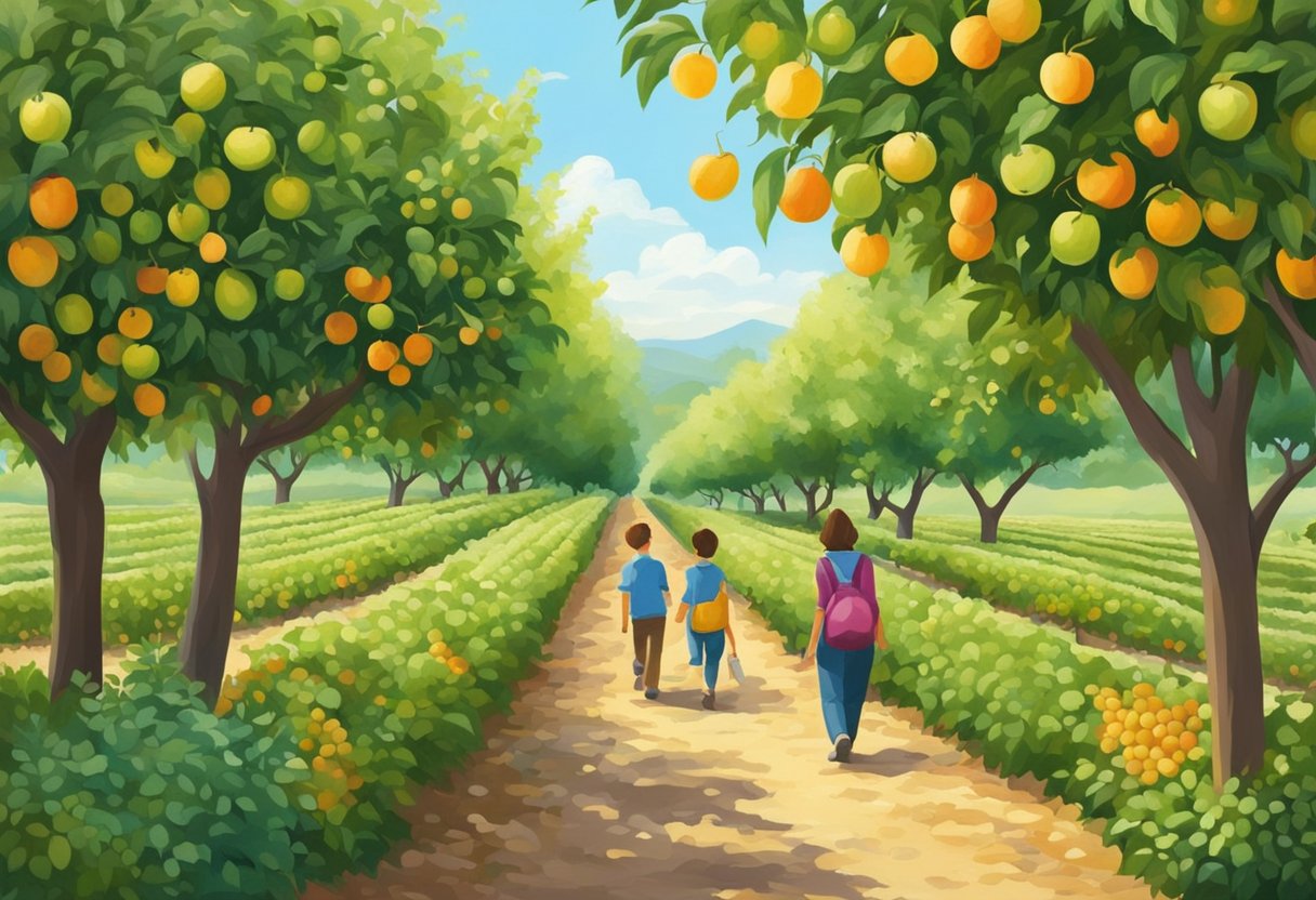 Lush green orchards with rows of fruit trees, ripe for picking. Families and friends leisurely stroll through the fields, filling their baskets with fresh, juicy produce