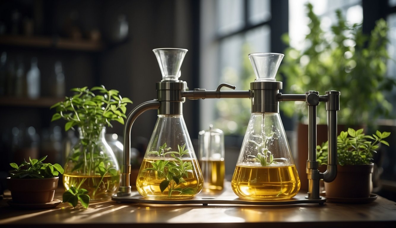 A glass distillation apparatus separates herbal essence from plant material, producing a clear herbal distillate