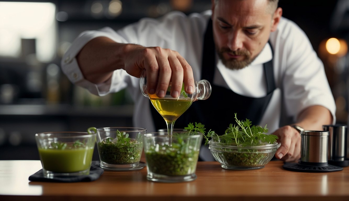 A chef pours herbal distillate into a simmering pot. A mixologist adds a splash to a cocktail shaker. Ingredients surround them