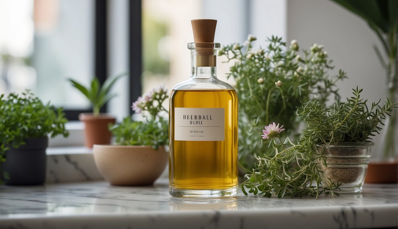 A clear glass bottle with a label reading "Herbal Distillate" sits on a marble countertop, surrounded by fresh herbs and flowers
