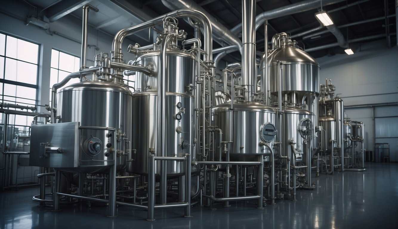 The large industrial distillation equipment steams and condenses herbal extracts in a modern manufacturing facility