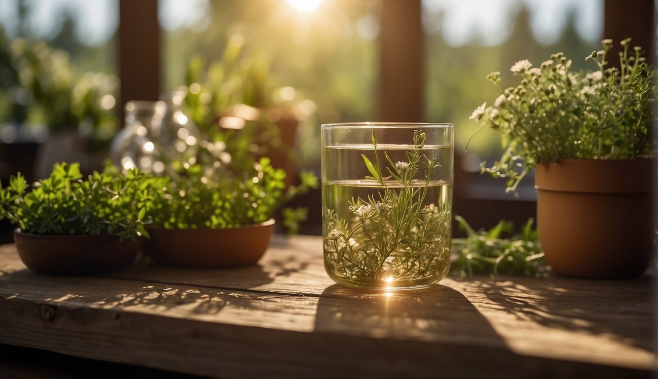 A glass beaker filled with clear herbal distillate sits on a wooden table, surrounded by fresh herbs and flowers. A soft glow from the sunlight illuminates the scene, highlighting the purity and preservation of the distillate