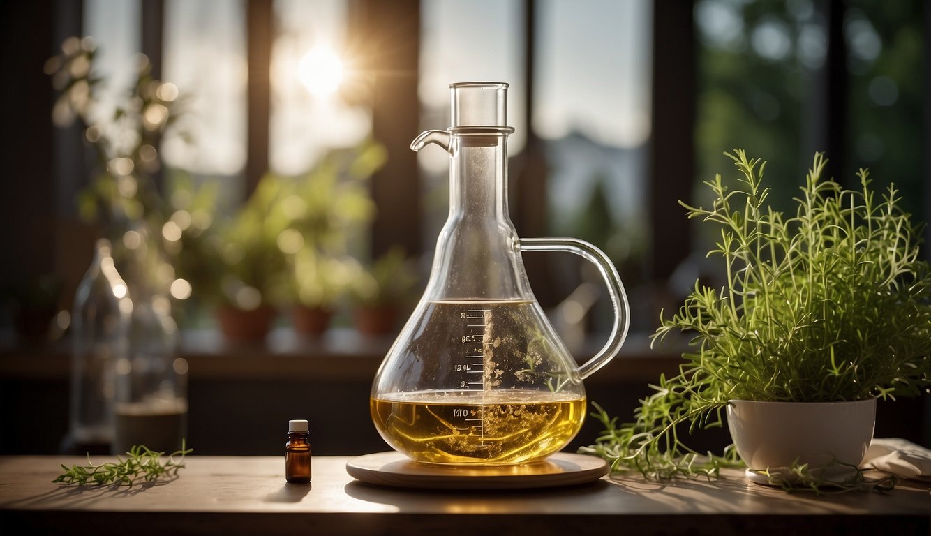 A glass distillation apparatus extracts essential oils from fresh herbs, releasing fragrant vapors into the air