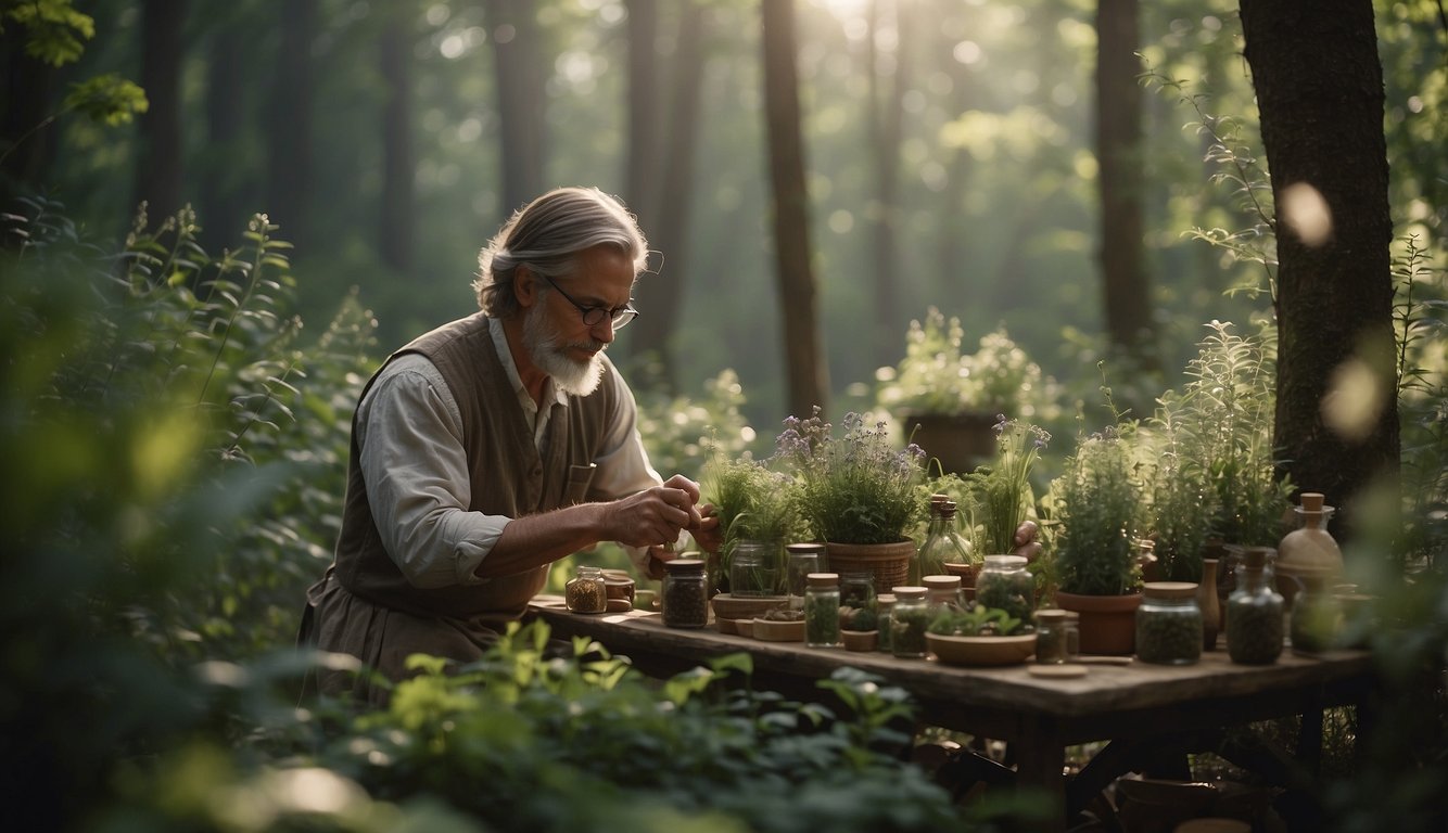 A herbalist gathers and prepares natural remedies in a serene forest clearing. Wild plants and herbs surround the herbalist's work area