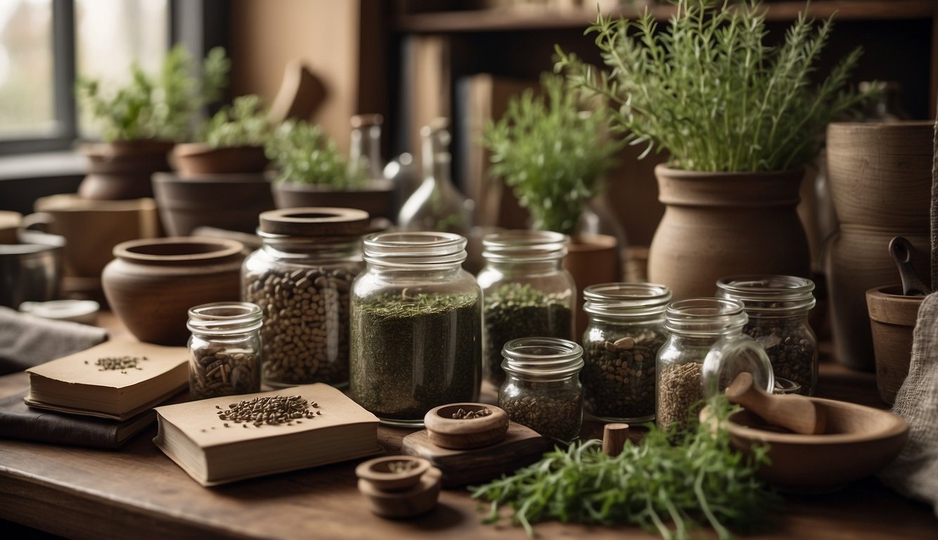 A cluttered herbalist's workspace with jars of botanicals and herbs, mortar and pestle, and reference books