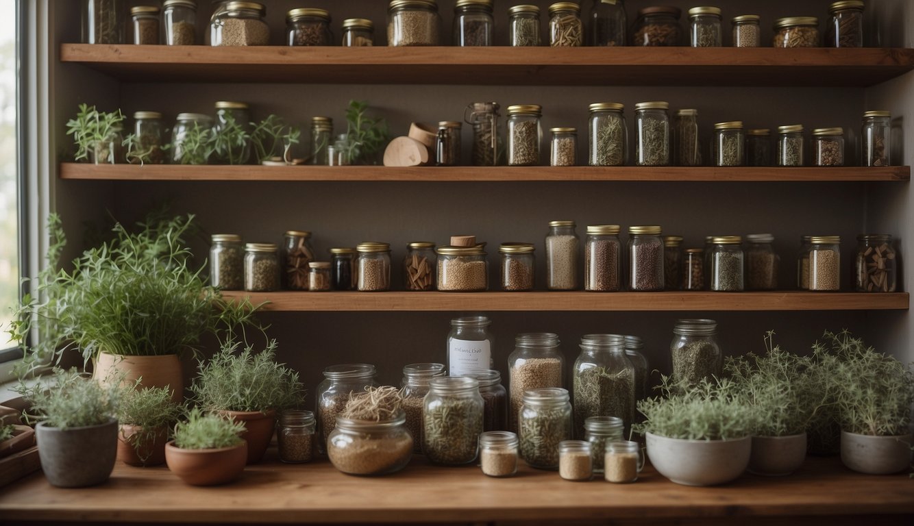 A serene herbalist's office with shelves of dried herbs, natural remedies, and holistic treatment tools