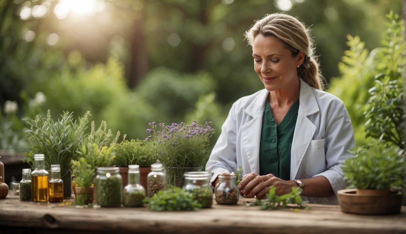 A herbalist and naturopath manage health and chronic conditions in a tranquil, nature-filled setting. Herbs and holistic remedies are prominently displayed