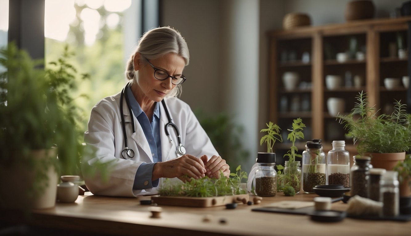A naturopathic herbalist uses diagnostic tools in a serene, natural setting to assess and treat patients