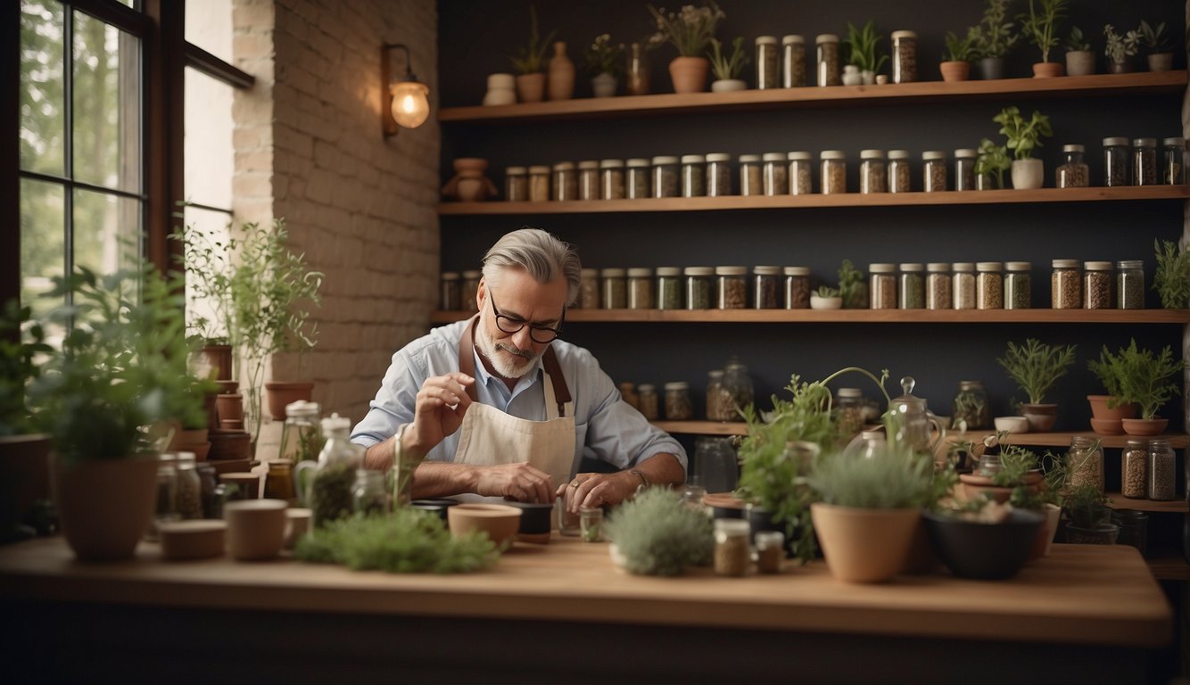 A naturopath herbalist consults with a client, surrounded by shelves of dried herbs and natural remedies in a cozy, earthy-toned office