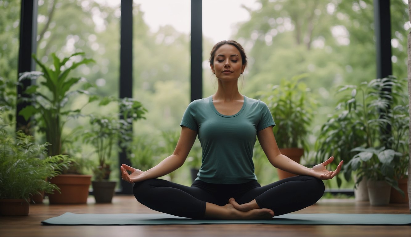 A serene forest with diverse herbal plants, a modern naturopathic clinic, and a person practicing yoga in a peaceful natural setting