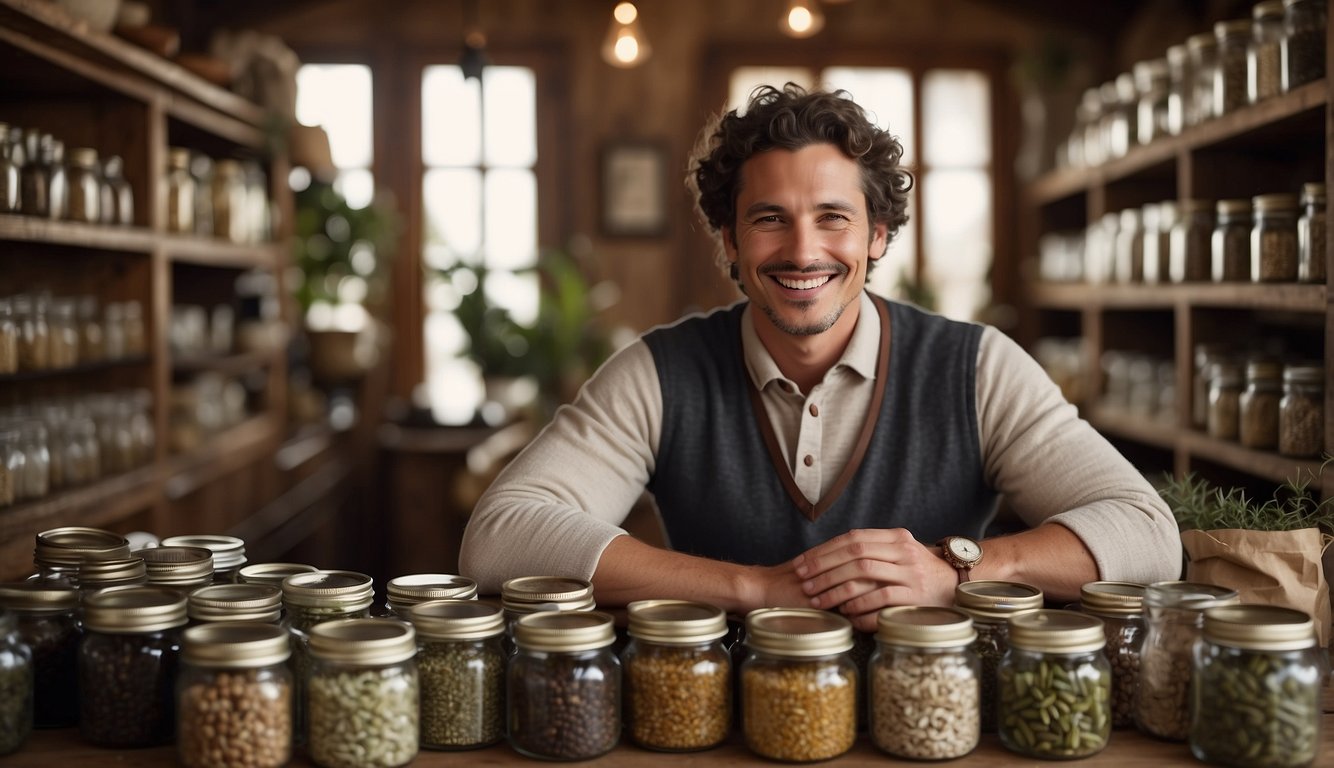 A herbalist naturopath answering questions with a warm smile in a cozy, rustic shop filled with jars of dried herbs and natural remedies