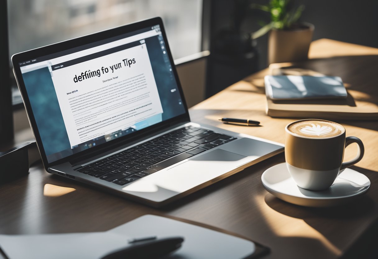 A laptop surrounded by notebooks, pens, and a cup of coffee. A sign with "Defining Your Niche" and "10 Must-Know Blogging Tips for Beginners" on the wall