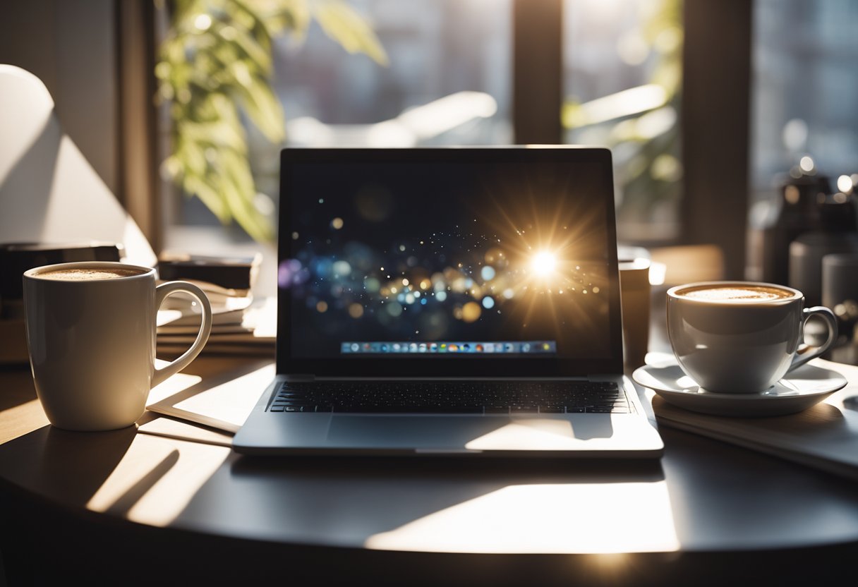 A laptop sits open on a cluttered desk, surrounded by notebooks and pens. A mug of coffee steams nearby, as sunlight streams through the window onto the scene