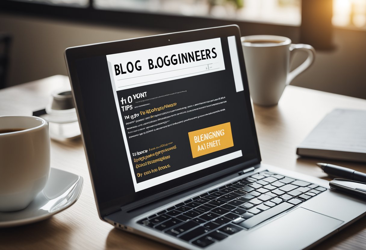 A laptop with a blog post titled "10 Must-Know Blogging Tips for Beginners" displayed on the screen, surrounded by a notebook, pen, and cup of coffee