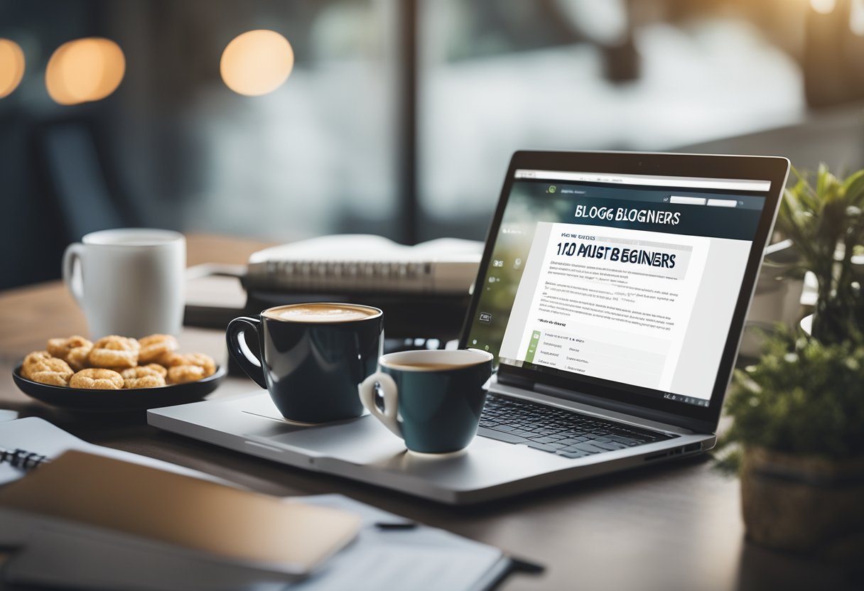 A laptop with a blog post titled "10 Must-Know Blogging Tips for Beginners" displayed on the screen. A cup of coffee and a notebook with a pen next to the laptop