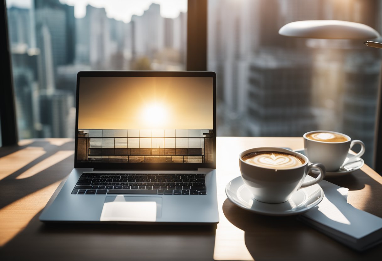 A laptop with a blank screen surrounded by a notebook, pen, and coffee cup on a desk. A window shows a sunny day outside