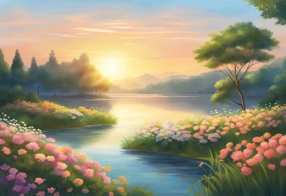 A serene landscape with a radiant sun rising over a calm body of water, surrounded by lush greenery and blooming flowers