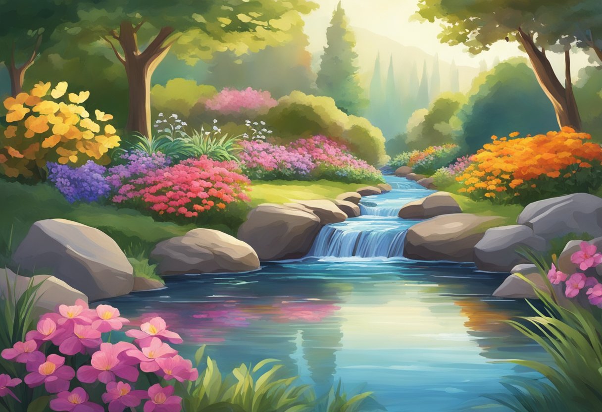 A serene, sunlit garden with vibrant flowers and a clear, flowing stream, symbolizing renewal and spiritual restoration