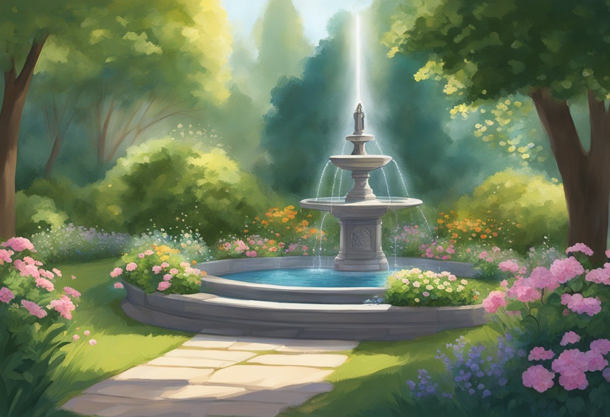 A serene garden with a fountain, surrounded by blooming flowers and lush greenery. A beam of light shines down on a small altar with a sacred object, evoking a sense of peace and divine connection