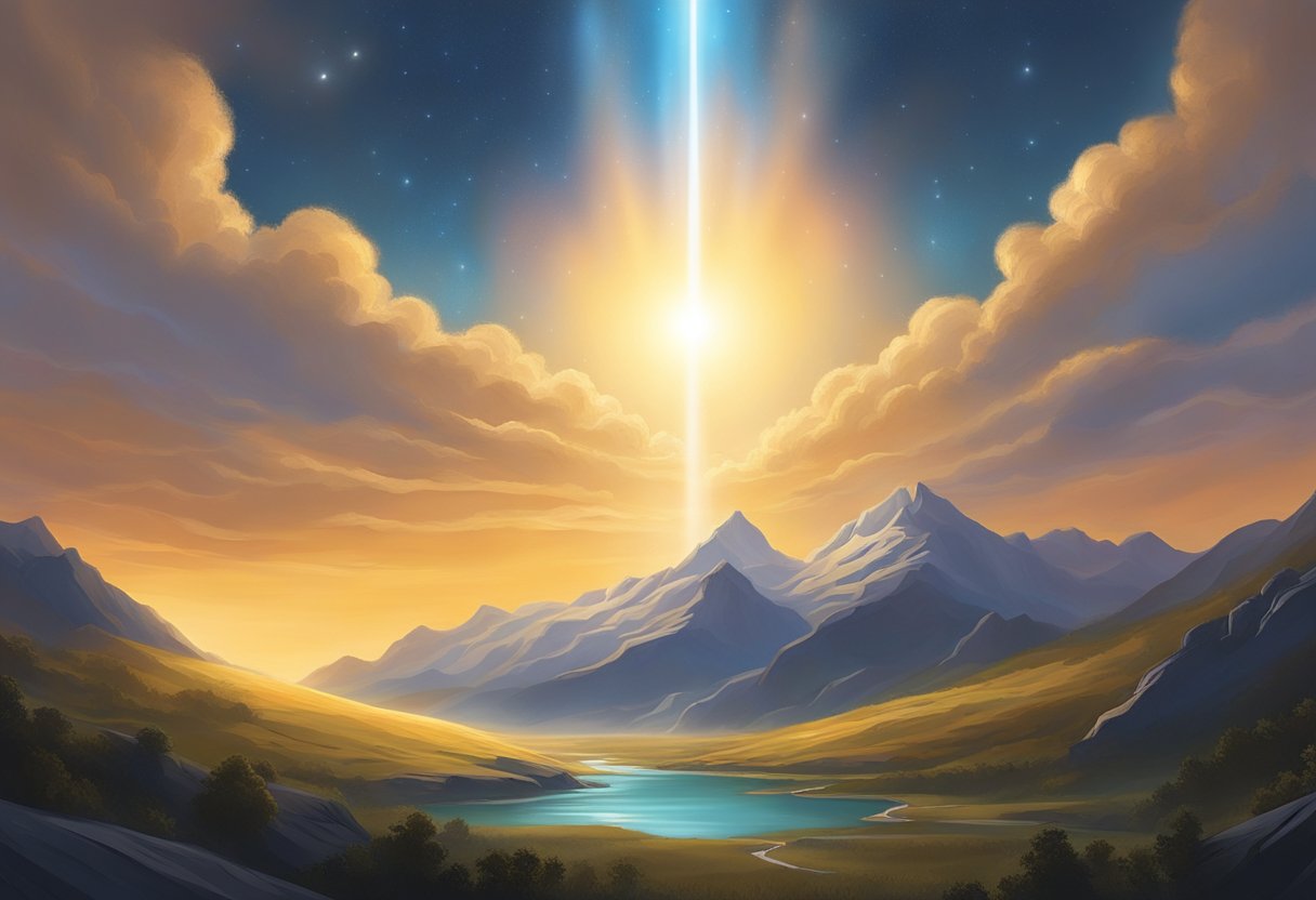 A bright, glowing light emanates from a celestial source, casting a warm and comforting glow over the surrounding area. The light is powerful and radiant, evoking a sense of divine intervention and restoration