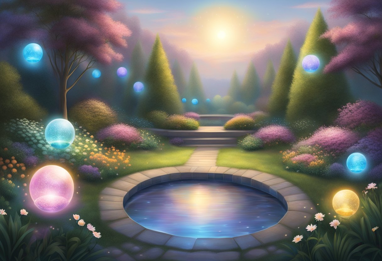 A serene garden with 50 glowing orbs of light, each representing a prayer point for divine restoration. The orbs are floating in the air, surrounded by a sense of peace and hope