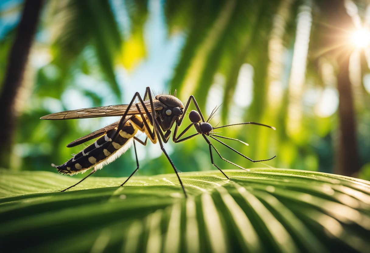 A mosquito hovers over a tropical landscape, with palm trees and a bright sun, while the Chikungunya virus looms in the background