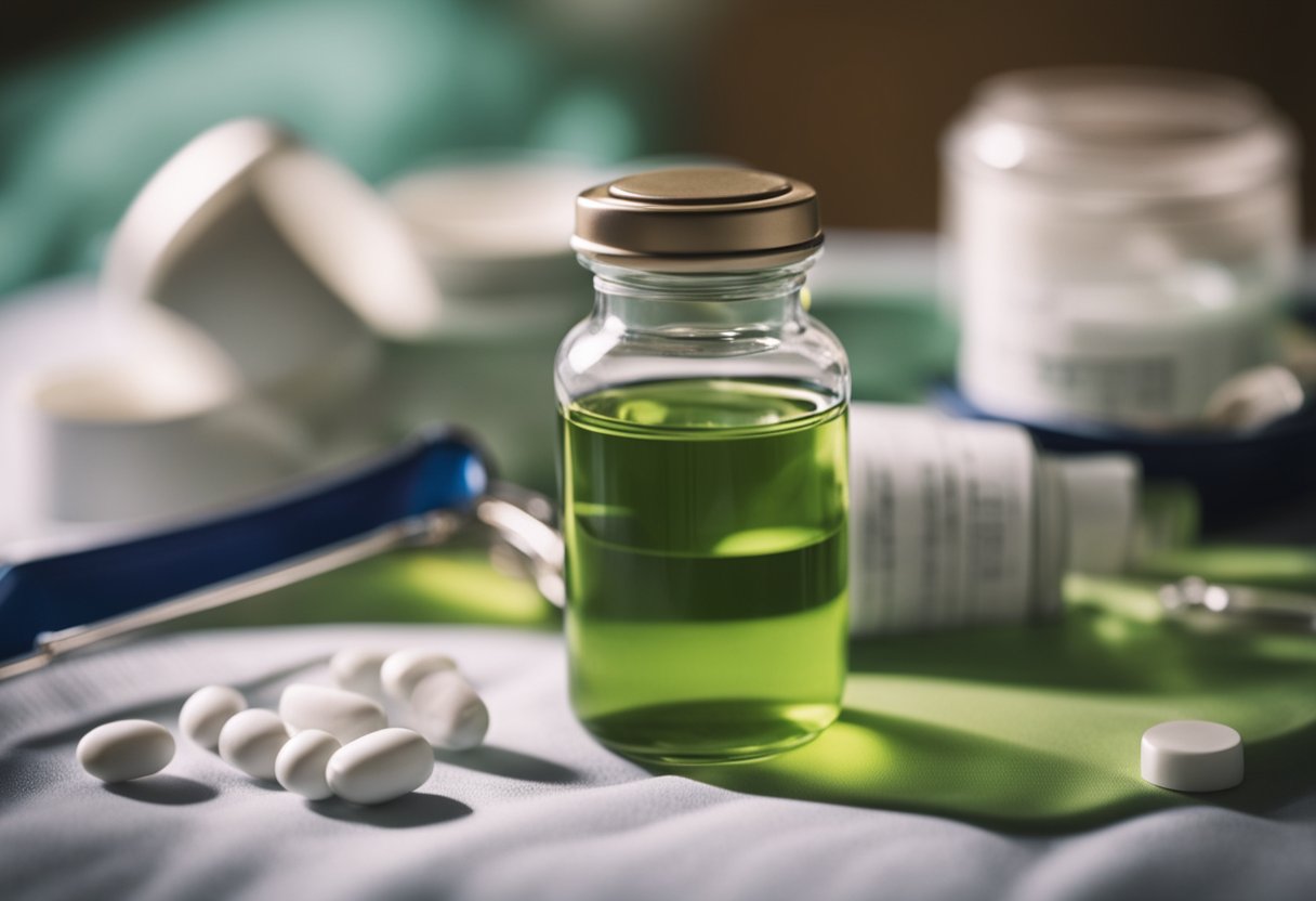 A doctor prescribes medication for chikungunya virus. A patient takes medicine and rests in bed