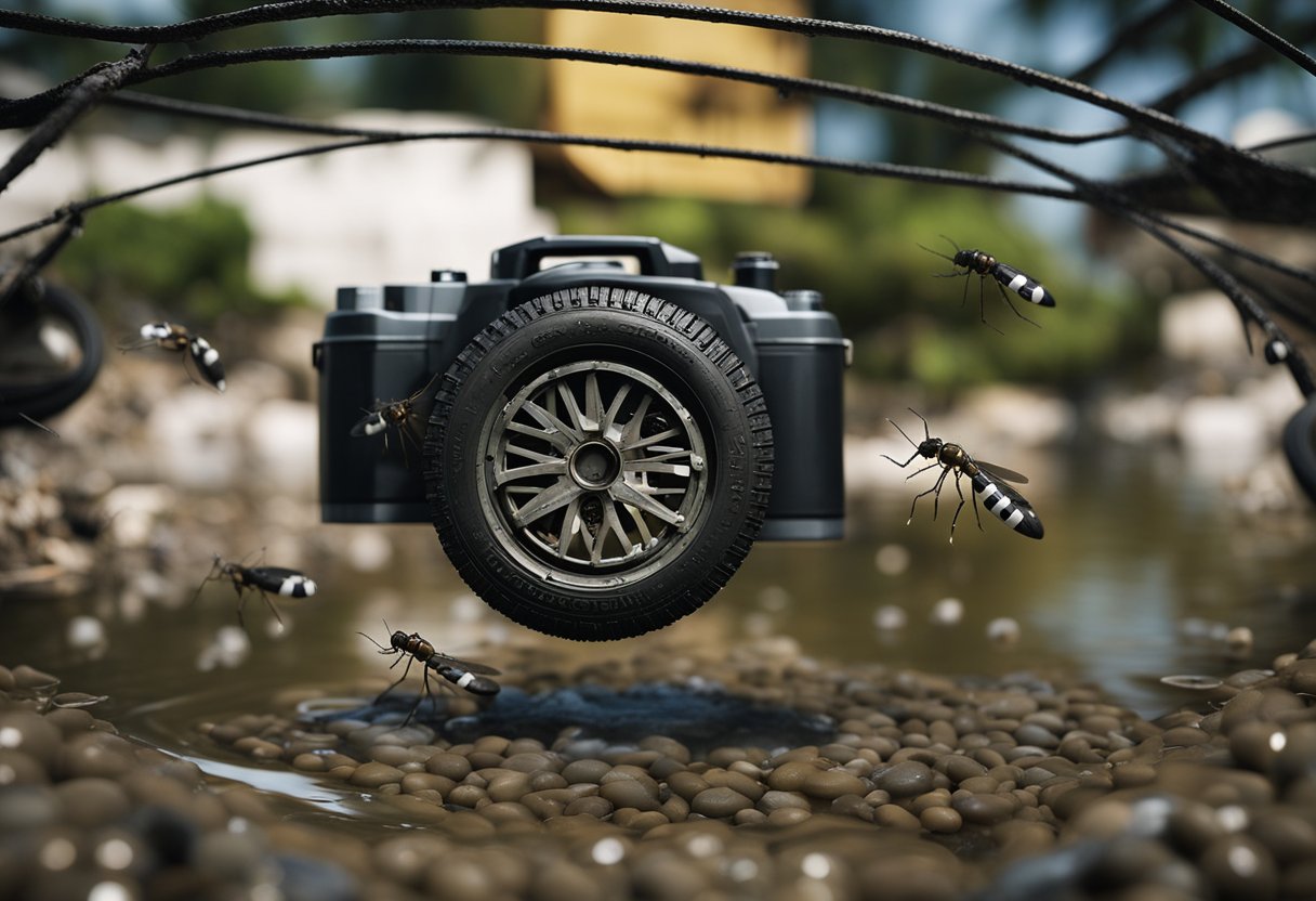 A mosquito hovers over a stagnant pool of water, surrounded by discarded tires and containers. A warning sign about the Chikungunya virus is posted nearby