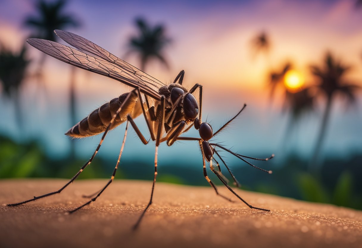 A mosquito hovers over a tropical landscape with palm trees and a vibrant sunset, representing the spread of chikungunya virus disease