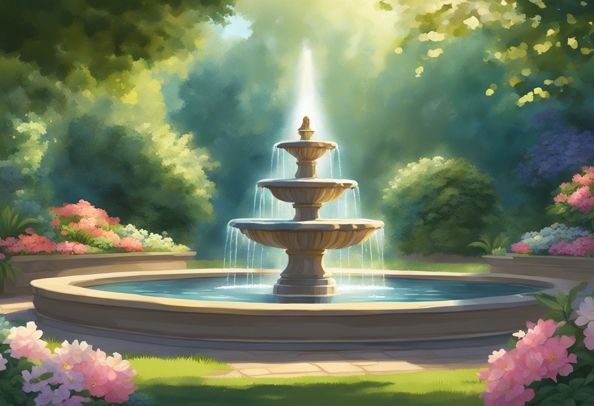 A serene garden with a beam of light shining on a fountain, surrounded by blooming flowers and lush greenery. A sense of peace and renewal fills the air