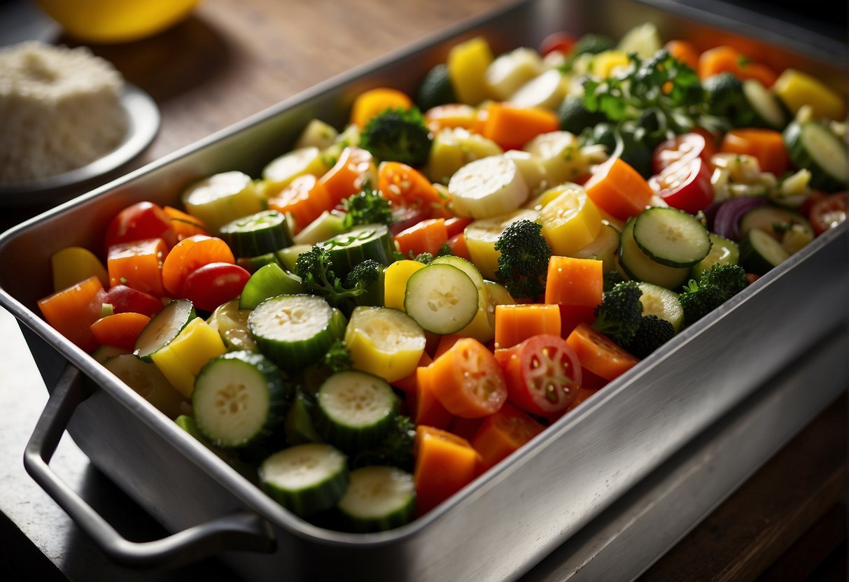 A colorful array of chopped vegetables and grains mixed together in a loaf pan, ready to be baked into a delicious vegetarian meatloaf