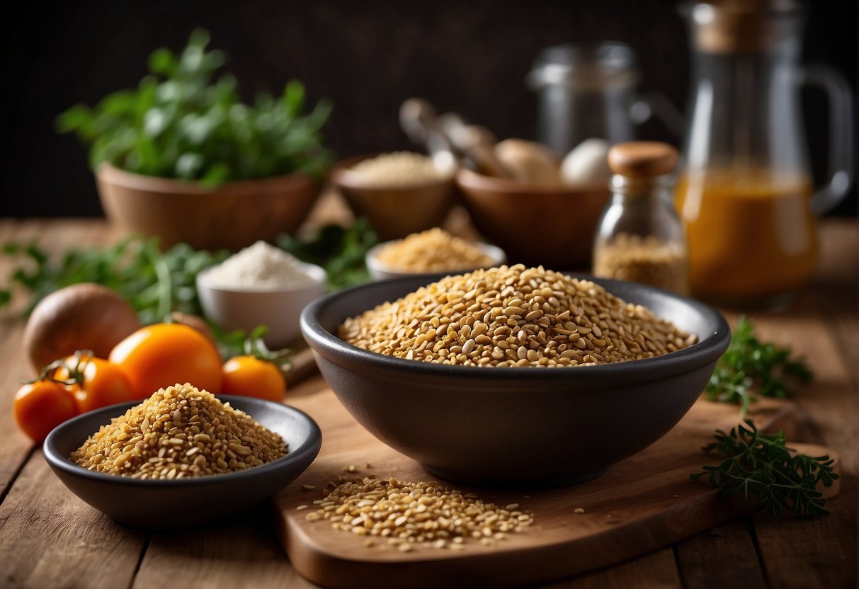 A table set with ingredients like lentils, mushrooms, and breadcrumbs. A mixing bowl with the ingredients being mixed together. A loaf pan being filled with the mixture