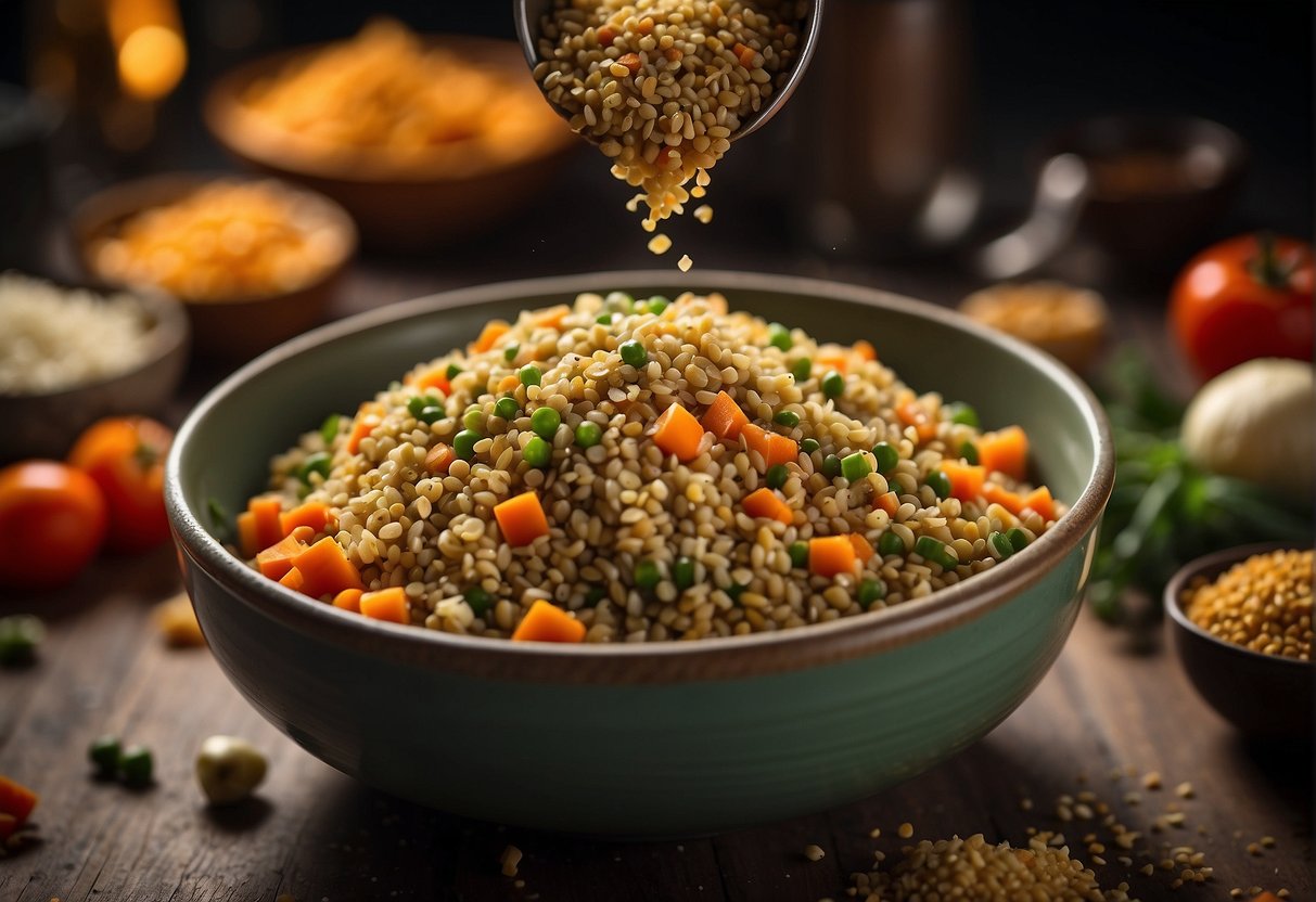 A mixing bowl filled with mashed lentils, diced vegetables, and breadcrumbs. A hand adding spices and mixing ingredients together