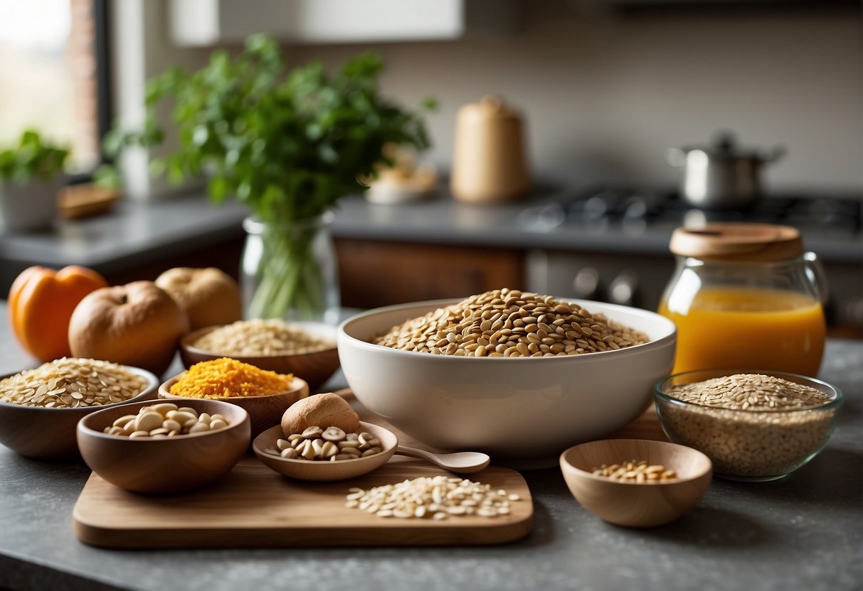 A table set with ingredients: lentils, mushrooms, oats, and vegetables. A mixing bowl, measuring cups, and a loaf pan on the counter