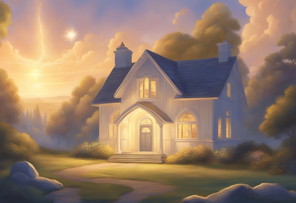 A glowing shield of light surrounds a peaceful home, while angelic figures stand guard at each corner