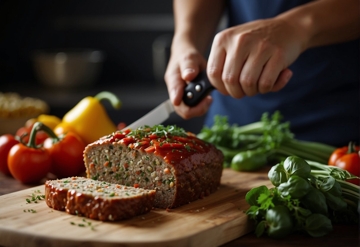 A colorful array of fresh vegetables and herbs being chopped and mixed together to create a delicious and healthy vegetarian meatloaf