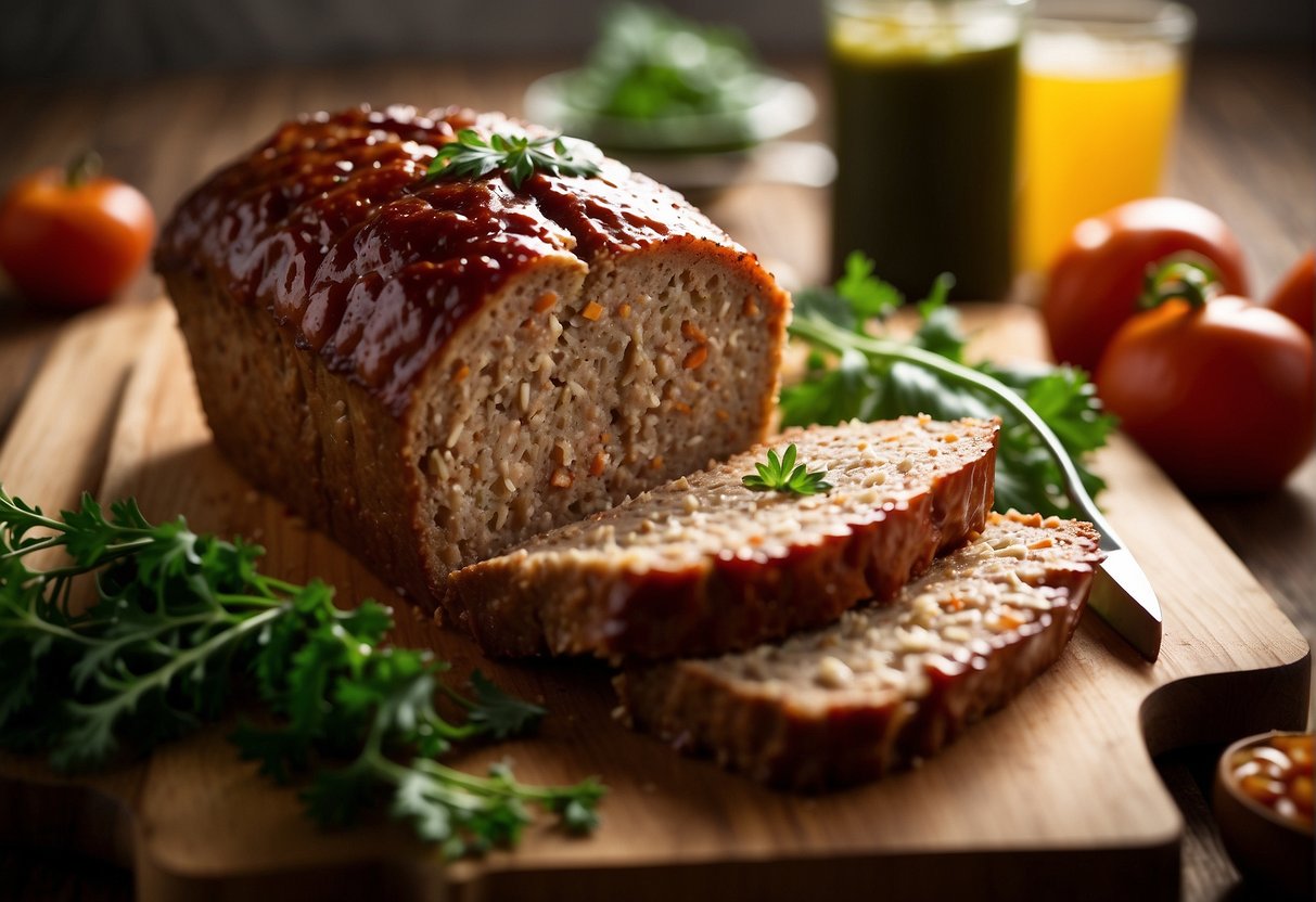 A vegetarian meatloaf is being sliced and served on a wooden cutting board. Leftovers are being stored in an airtight container in the refrigerator