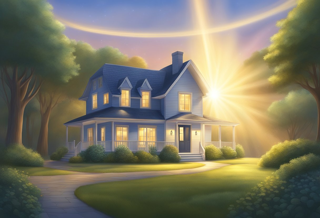 A beam of light shines down on a peaceful home, surrounded by a glowing shield of divine protection