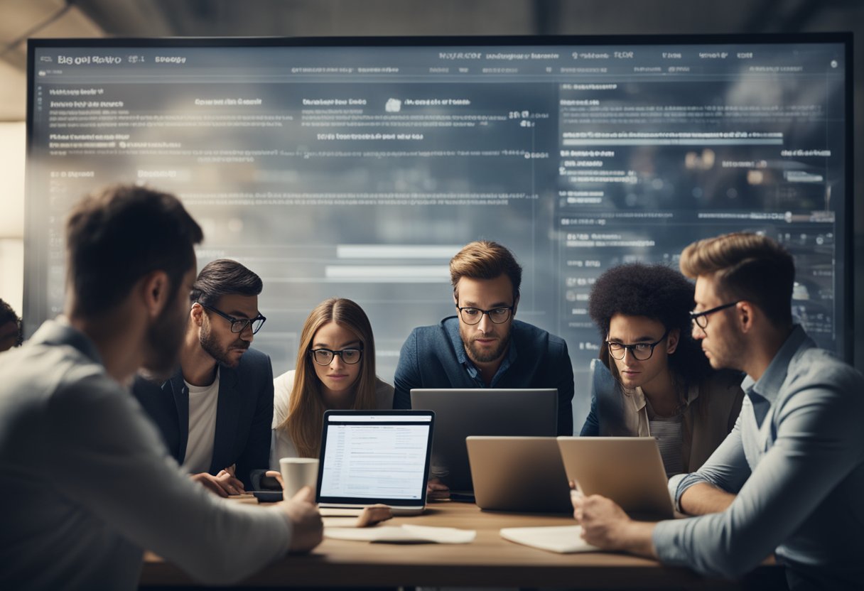 A group of people reading a blog with mistakes listed on a screen, while others take notes and discuss